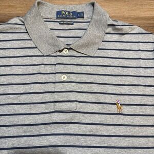 Polo Ralph Lauren Shirt Mens LARGE Gray Navy Striped Pima Soft‎ Touch Flesh Pony